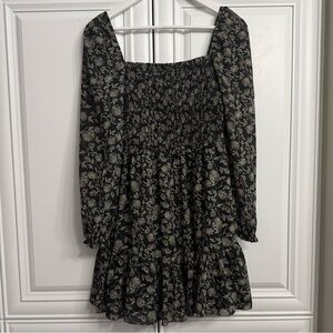 Retrod Size Small Black + Tan Print Long Sleeved Square Neck Smocked Mini Dress